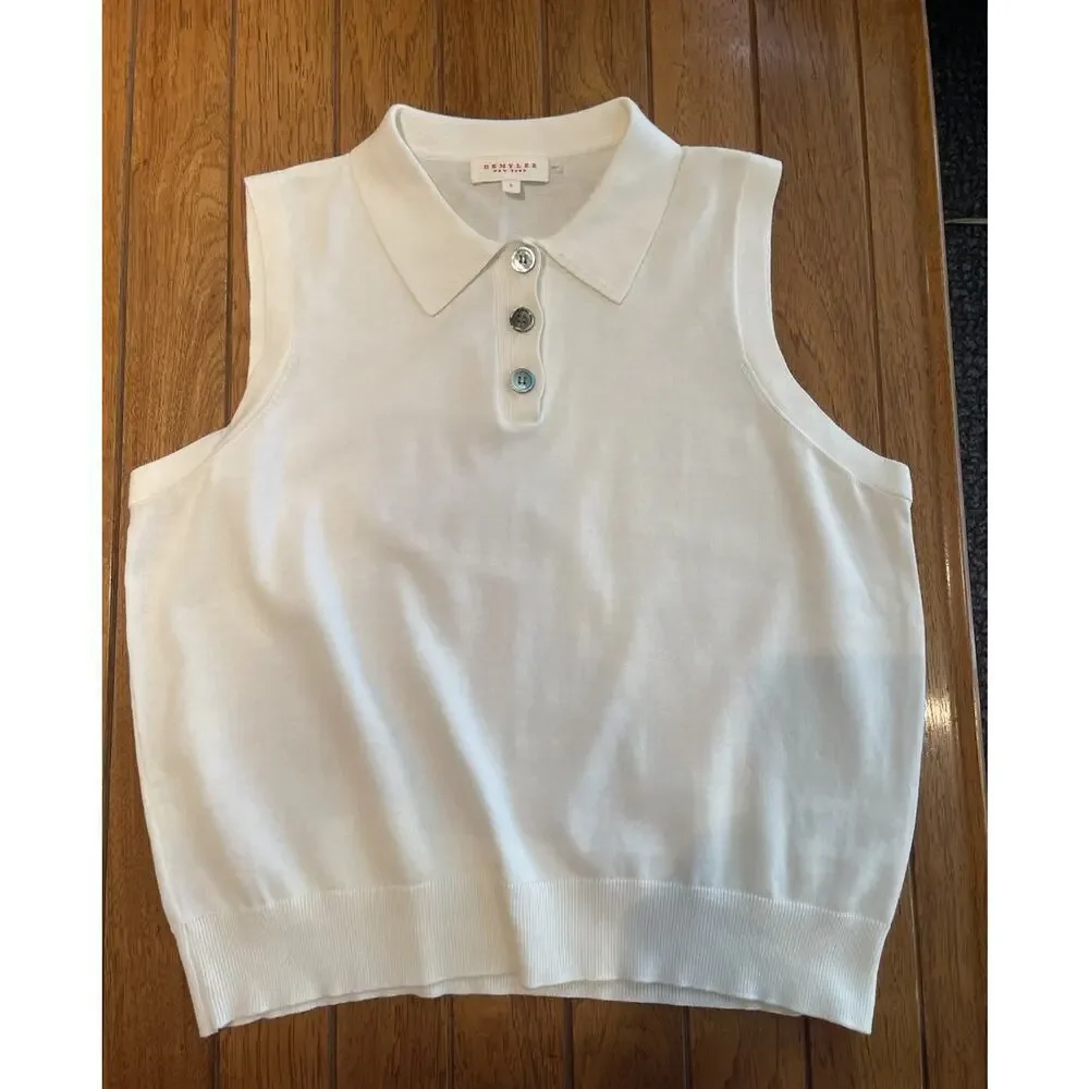 DEMY LEE New York Ayana Button up sleeveless Polo Top Size Small Ivory